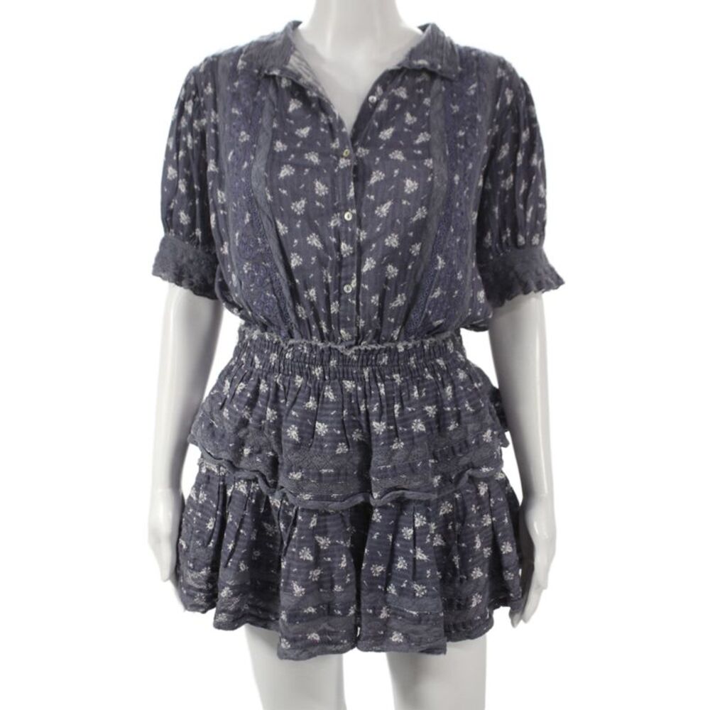Love Shack Fancy Womens Mini Dress Blue Floral Cotton Size S